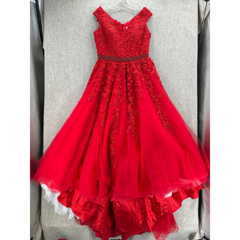 Sherri Hill Red Lace Beaded Tulle High Low Ball Gown Pageant Prom Dress Size 12
